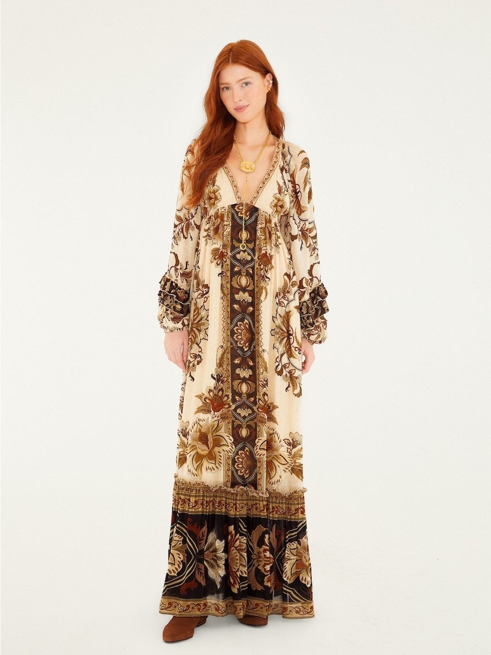 Farm Rio- Sand Majestic Garden Ruffled Maxi Dress